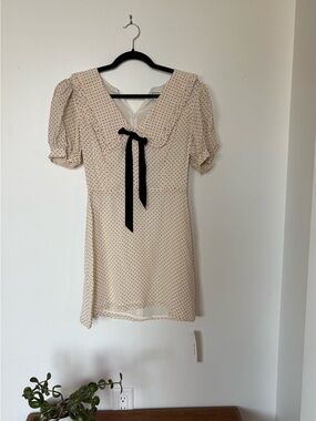 Reformation Cream Polka Dot Mini Dress with Black Tie